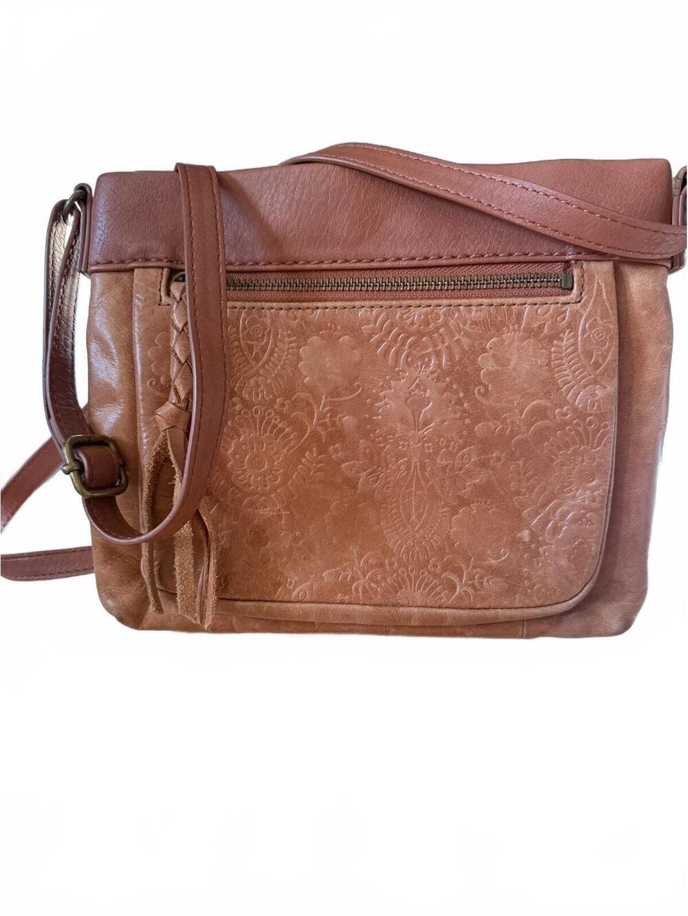 The Sak Sanibel Brown Floral Embossed Leather Crossbody Bag Boho Purse